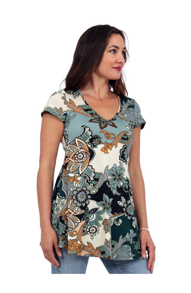 24seven Comfort Apparel Basic Floral Print V-Neck Short Sleeve Flared Tunic Top, Alternate, color, Green Multi