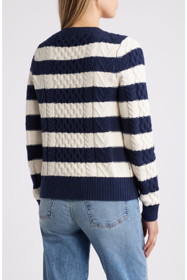 Cable Stitch Crewneck Sweater, Alternate, color, NAVY- IVORY PRISTINE STRIPE