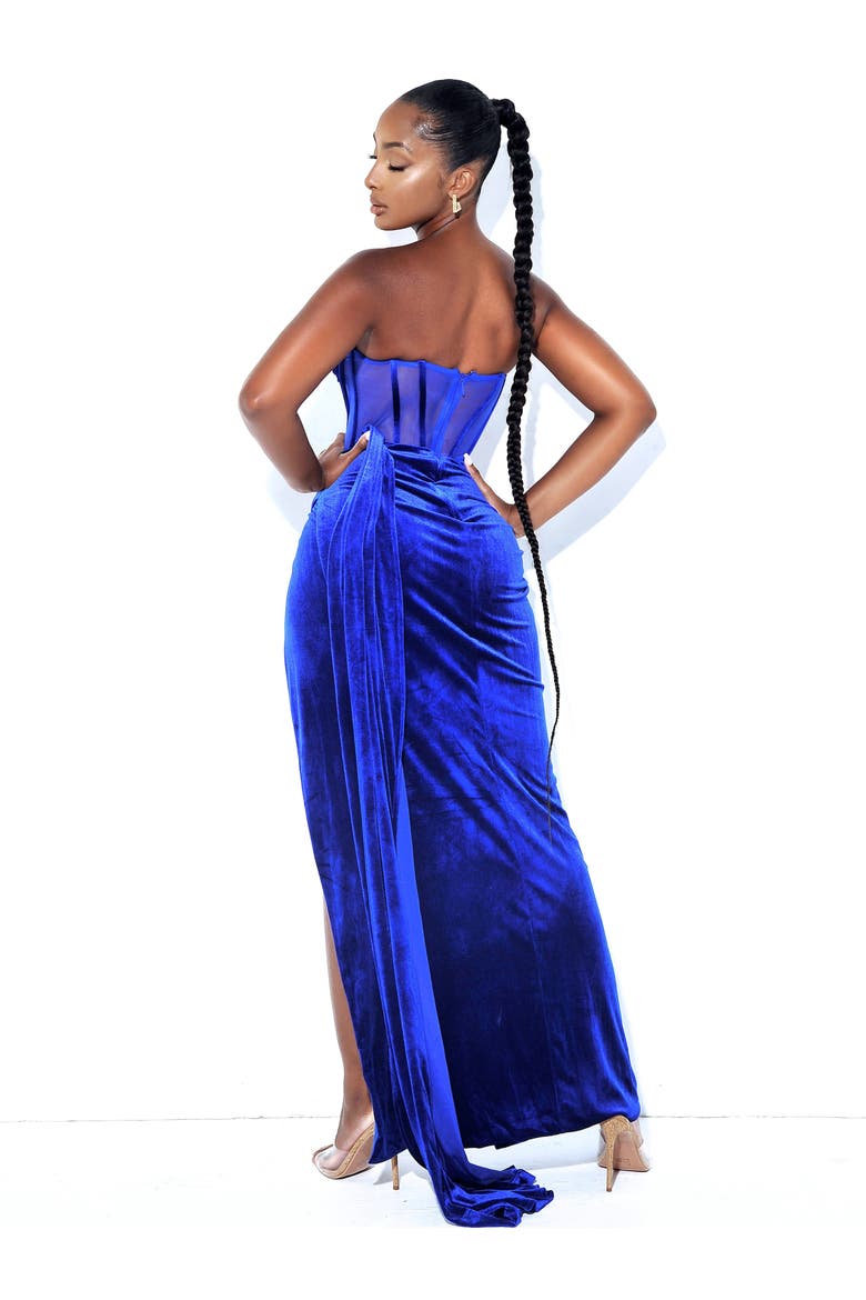 Priya Royal Blue Draping Corset High Slit Velvet Gown, Alternate, color, Royal Blue