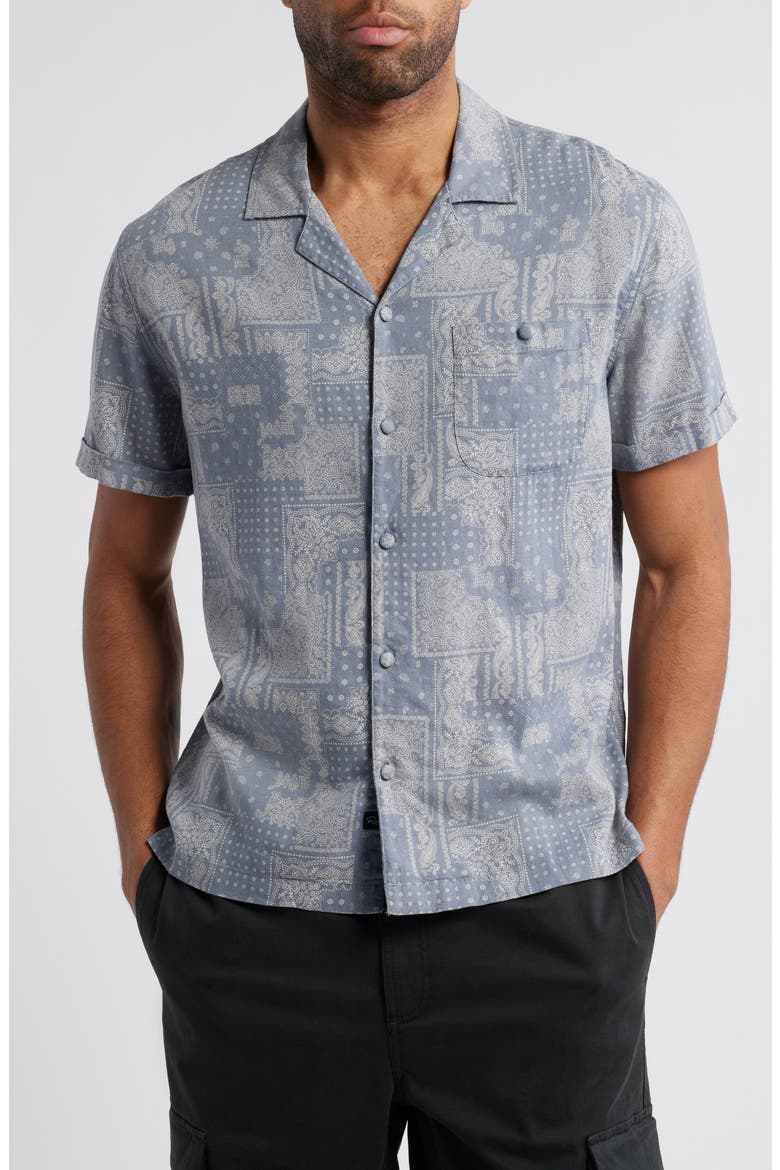 Ace Bandana Print Short Sleeve Linen Blend Button-Up Shirt, Main, color, PATCHWORK BANDANA