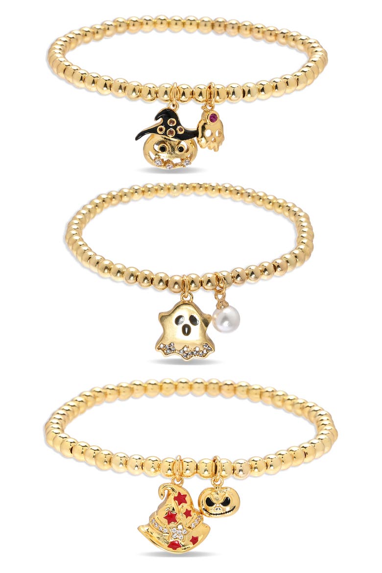 Spooky Spark Set of 3 Charm Stretch Bracelets, Main, color, GOLD