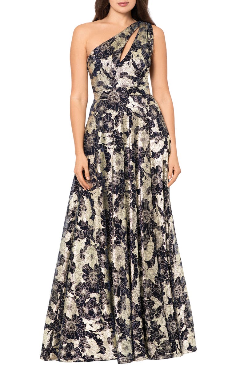 Betsy & Adam Metallic Floral One-Shoulder Sheath Gown, Main, color, 
