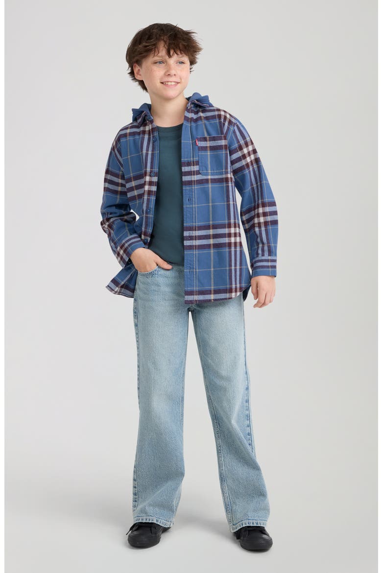 Kids' Hooded Plaid Flannel Shirt, Alternate, color, MOONLIGHT BLUE