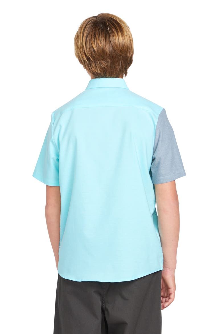 Kids' Satostone Colorblock Short Sleeve Stretch Button-Up Shirt, Alternate, color, CRETE BLUE