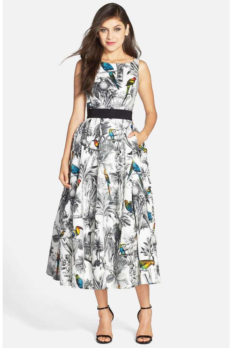 Tropical Print Cross Back Fit & Flare Midi Dress, Main, color, WHITE MULTI
