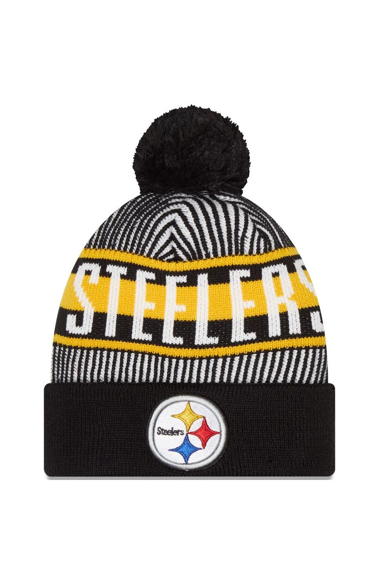 New Era Men's New Era Black Pittsburgh Steelers Striped Cuffed Knit Hat with Pom, Main, color, Black