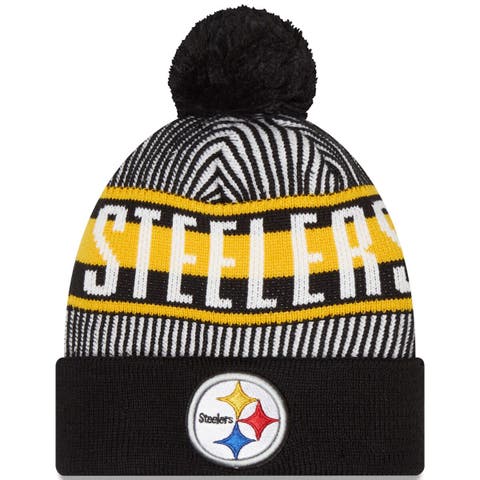 Men's New Era Black Pittsburgh Steelers Striped Cuffed Knit Hat with Pom