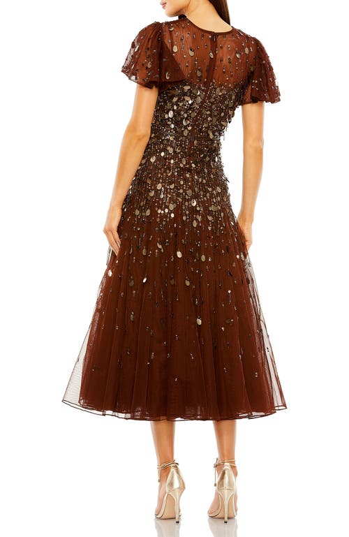 Mac Duggal Flutter Sleeve Sheer Top Beaded Dress In Brown