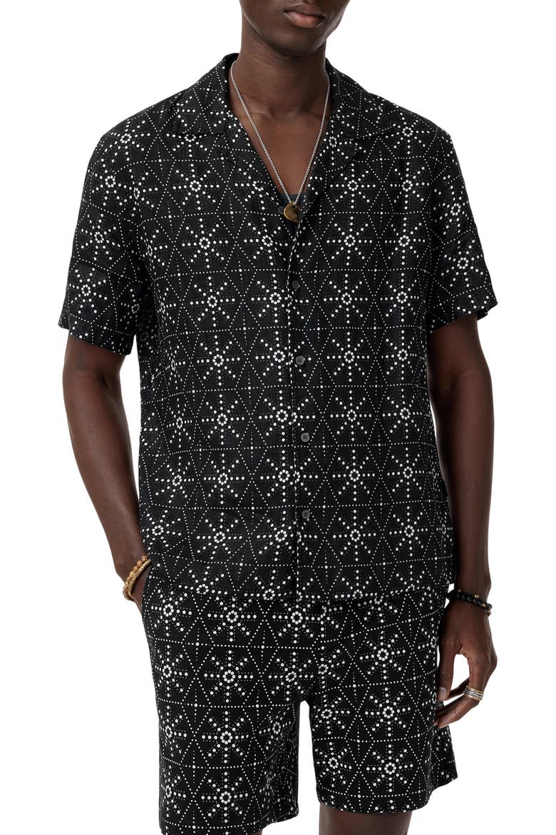 Dan Geometric Linen Camp Shirt, Main, color, BLACK