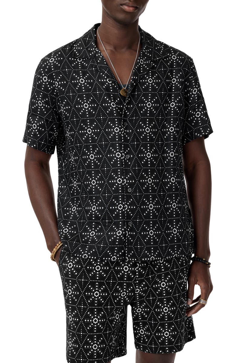 John Varvatos Dan Geometric Linen Camp Shirt, Main, color, Black