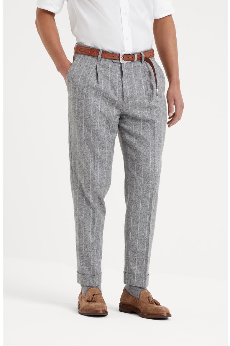 Flecked silk, wool and cashmere chalk stripe flannel leisure fit trousers with pleat, Alternate, color, Light Grey
