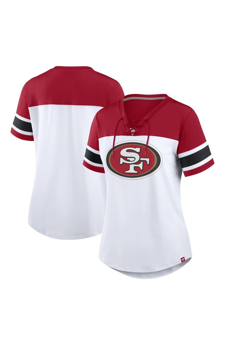 FANATICS Women's Fanatics White/Scarlet San Francisco 49ers Athena Rhinestone Lace-Up V-Neck T-Shirt, Main, color, White