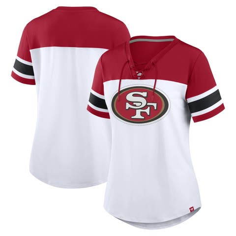 Women's Fanatics White/Scarlet San Francisco 49ers Athena Rhinestone Lace-Up V-Neck T-Shirt