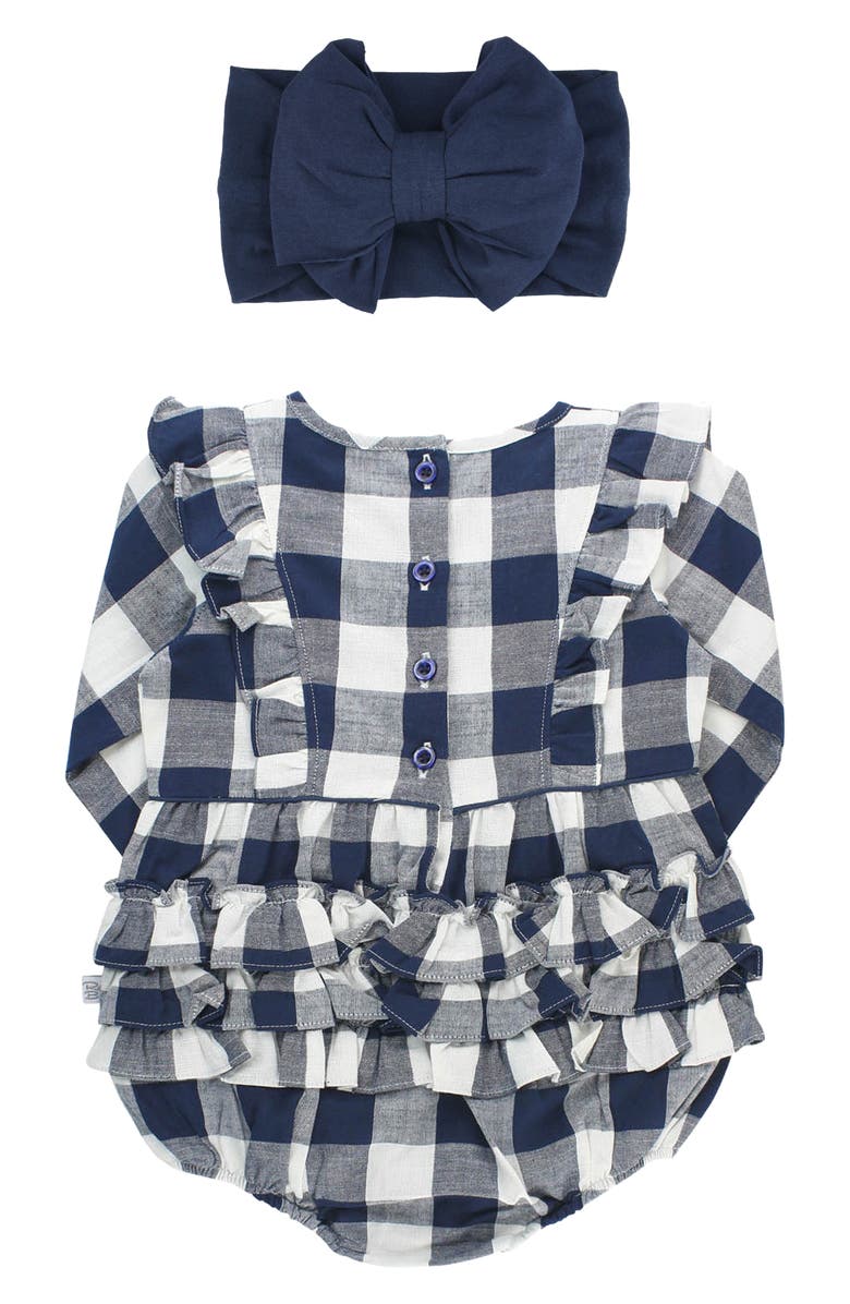 RuffleButts Kids' Navy Plaid Bubble Romper & Head Wrap Set, Alternate, color,