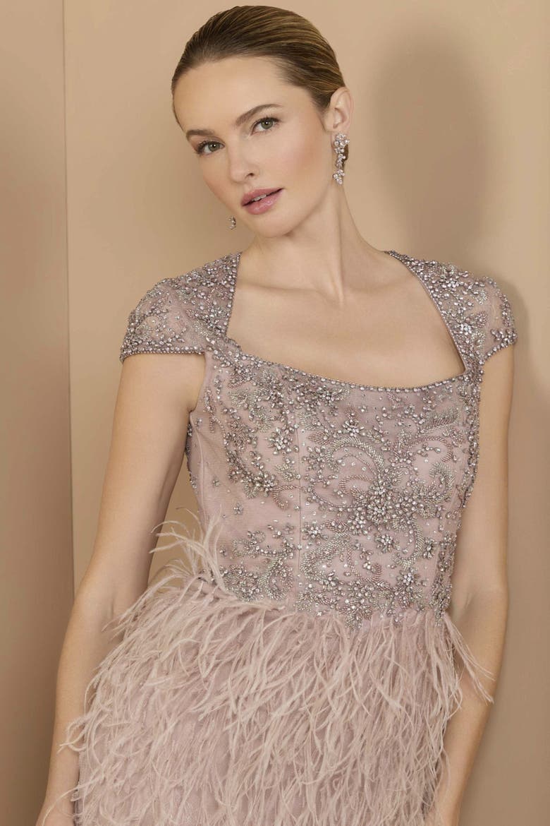 Embellished Cap Sleeve Feather Gown, Alternate, color, Mocha
