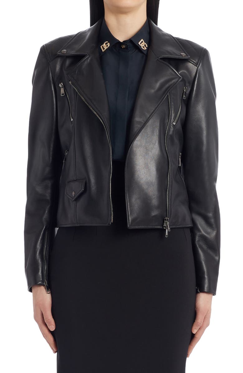 Dolce&Gabbana Crystal Logo Leather Biker Jacket, Main, color, 