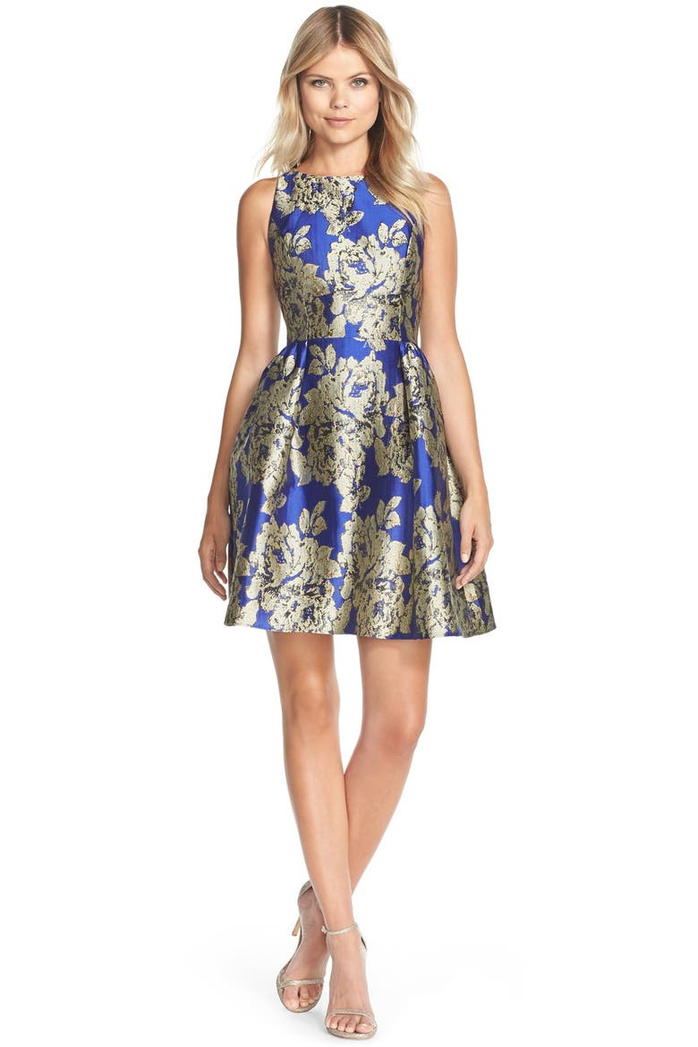 Metallic Jacquard Fit & Flare Dress, Alternate, color, ROYAL MULTI