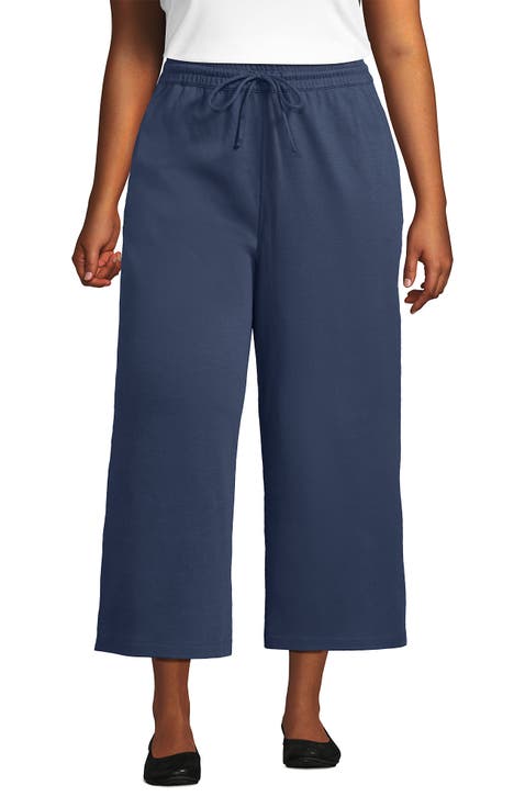 Plus Size Sport Knit Elastic Waist Wide Leg Crop Pants
