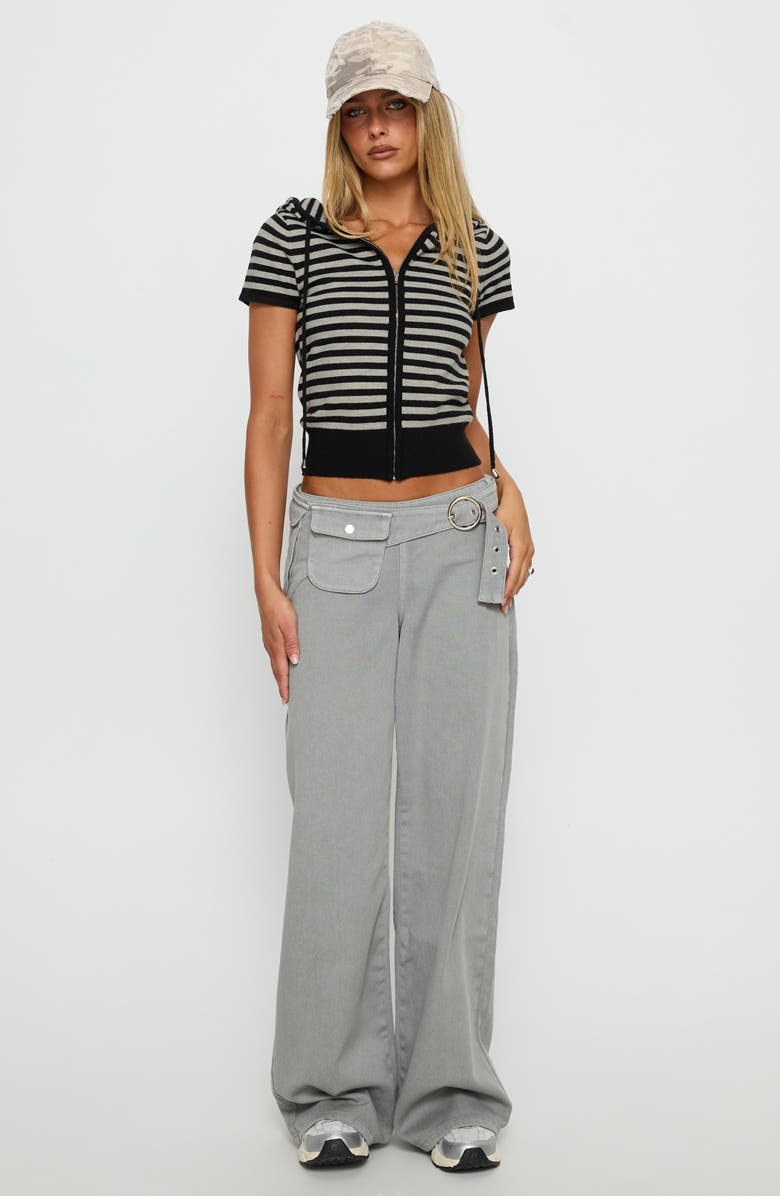 Princess Polly Kahlee Stripe Short Sleeve Zip Hoodie, Alternate, color, Grey / Black Stripe