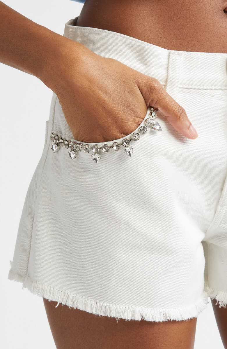 Area Crystal Pocket Denim Cutoff Shorts, Alternate, color, White