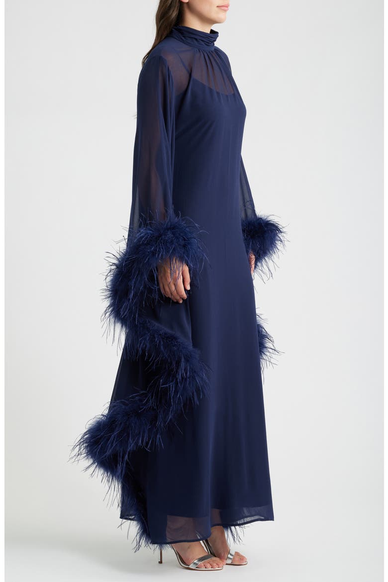 Sheer Feather Trim Dress, Alternate, color, MIDNIGHT