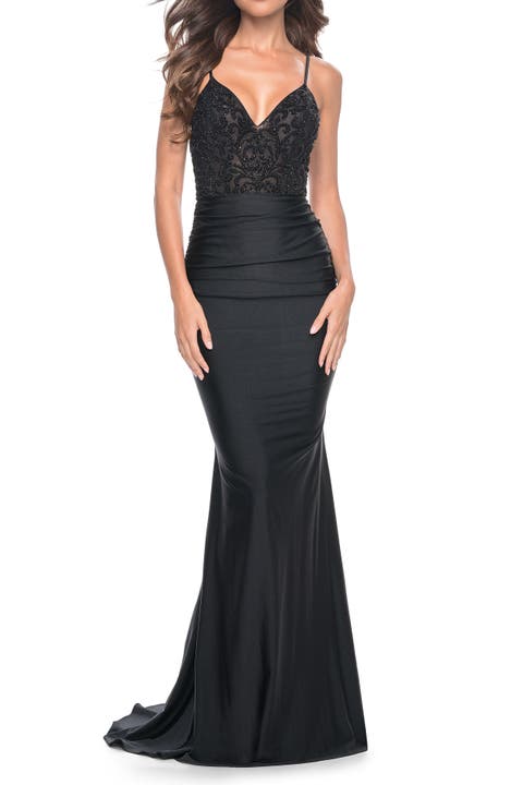 Beaded Illusion Top with Ruched Jersey Skirt Prom Dress