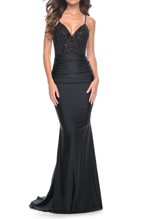 La Femme Beaded Illusion Top With Ruched Jersey Skirt Prom Dress