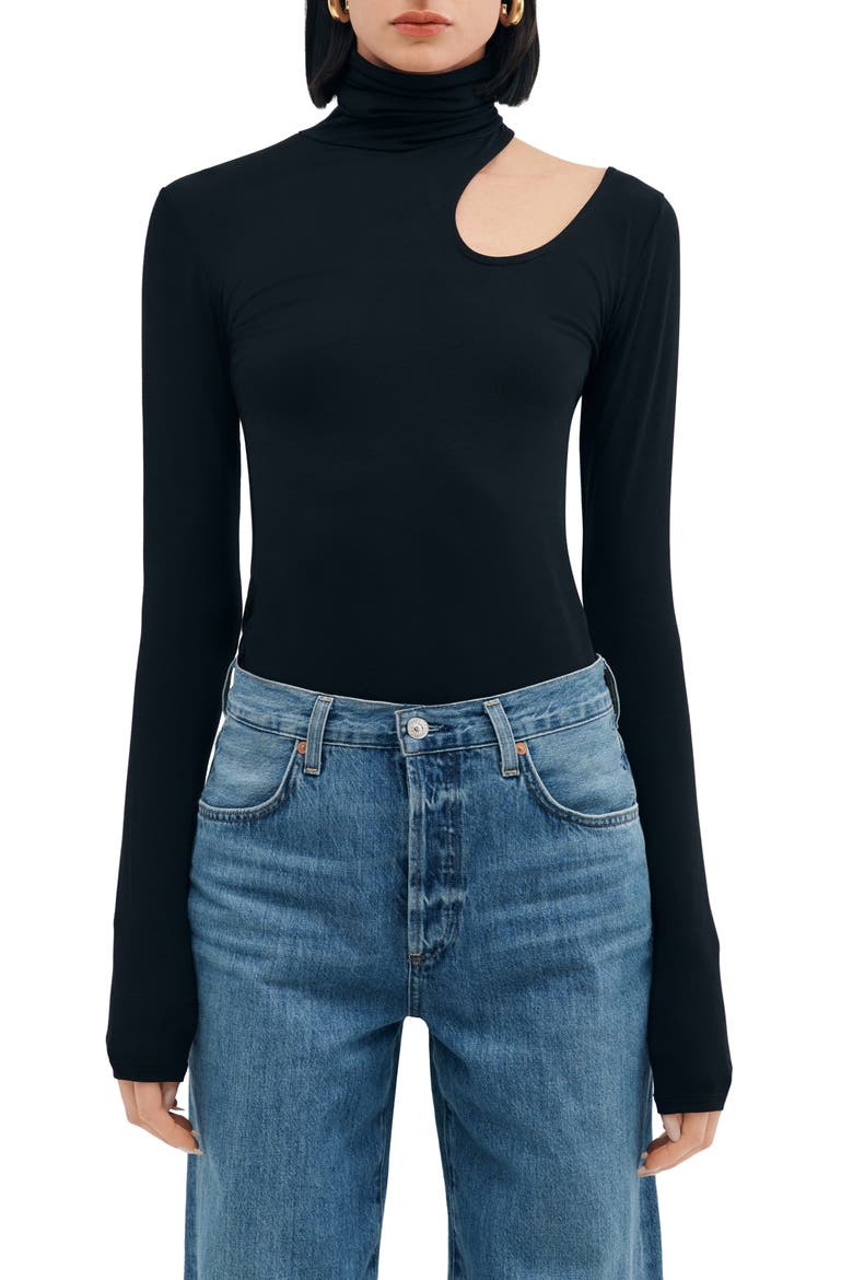 Allegra Asymmetric Turtleneck Top, Main, color, BLACK