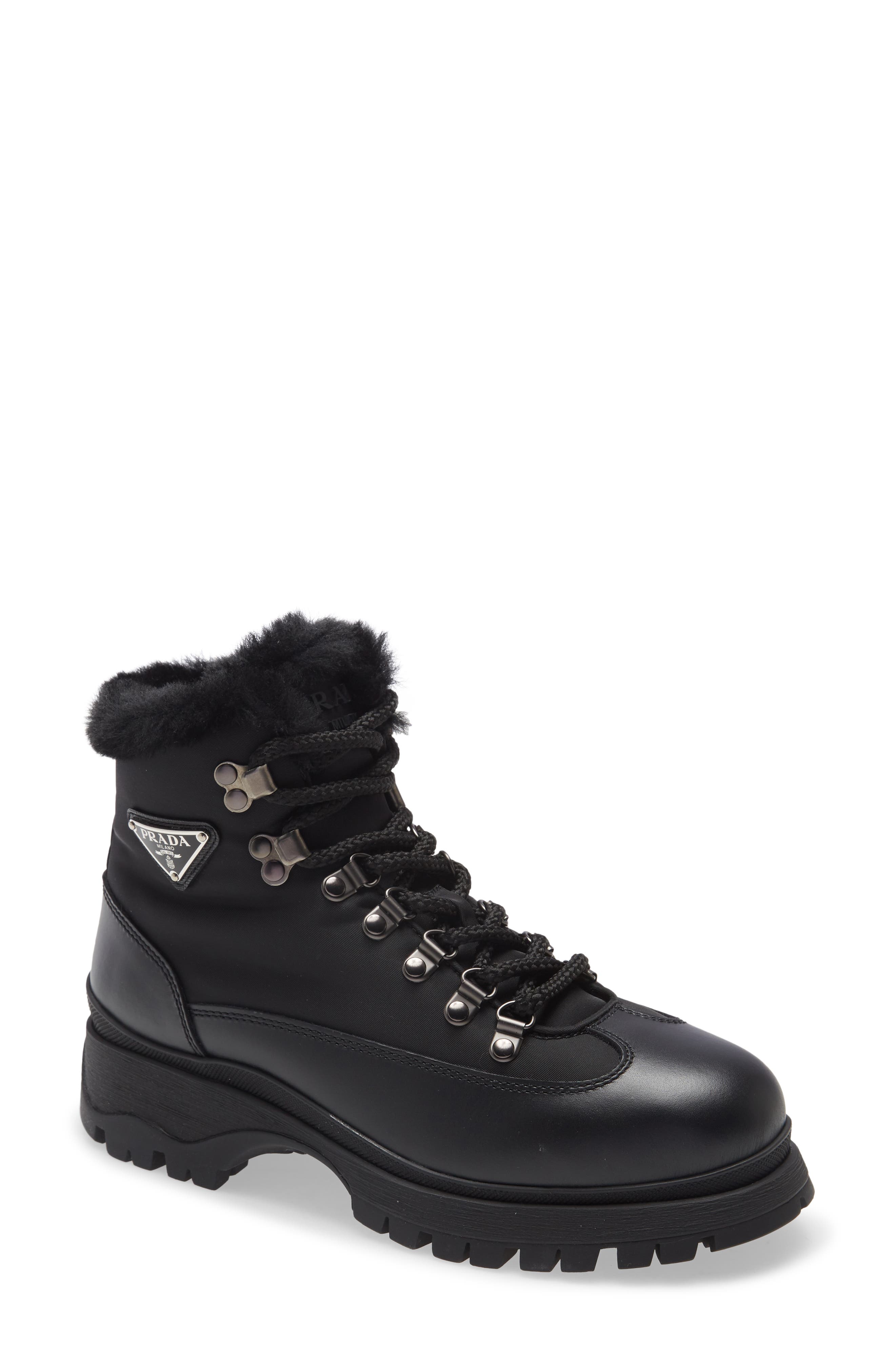 Prada Brixxen Genuine Shearling Hiker Boot, Main, color, 