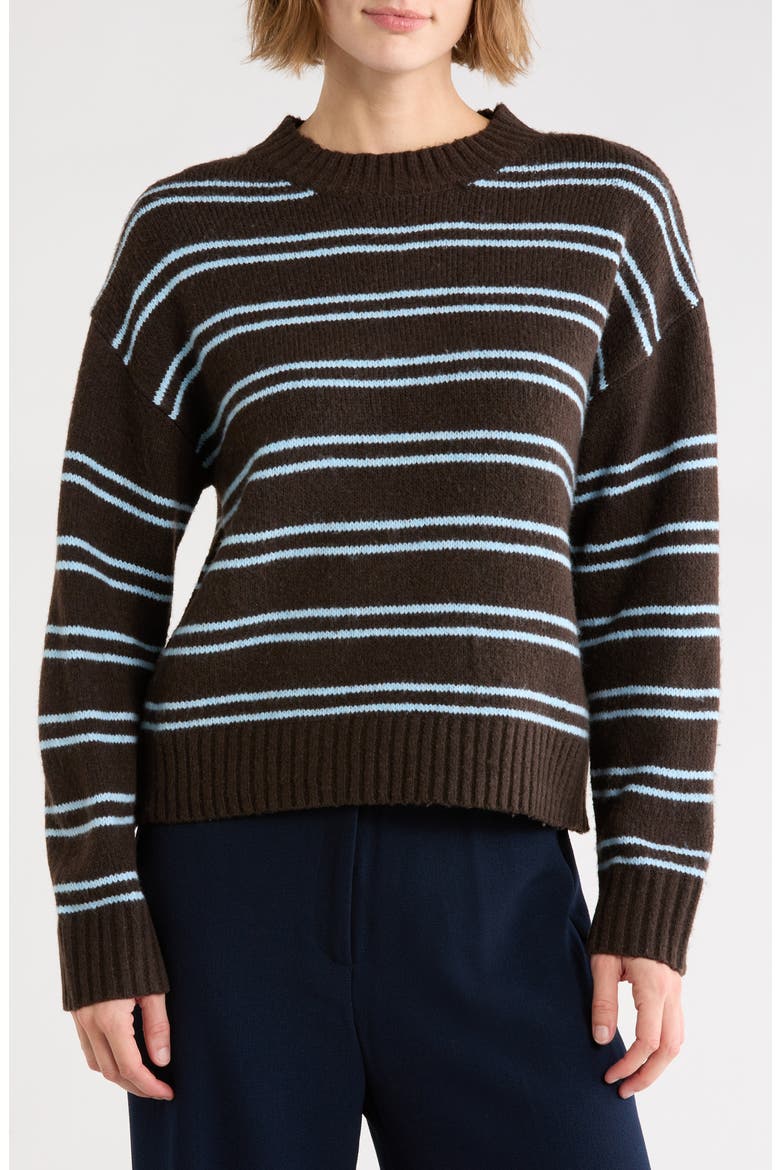 Striped Lightweight Crewneck Sweater, Main, color, DK CHOC/ BABY BLUE