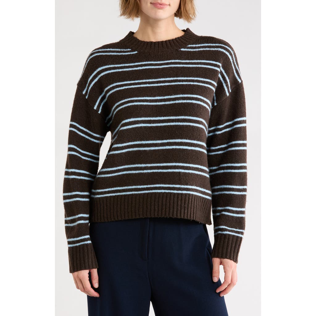 Vigoss Striped Lightweight Crewneck Sweater In Dk Choc/ Baby Blue
