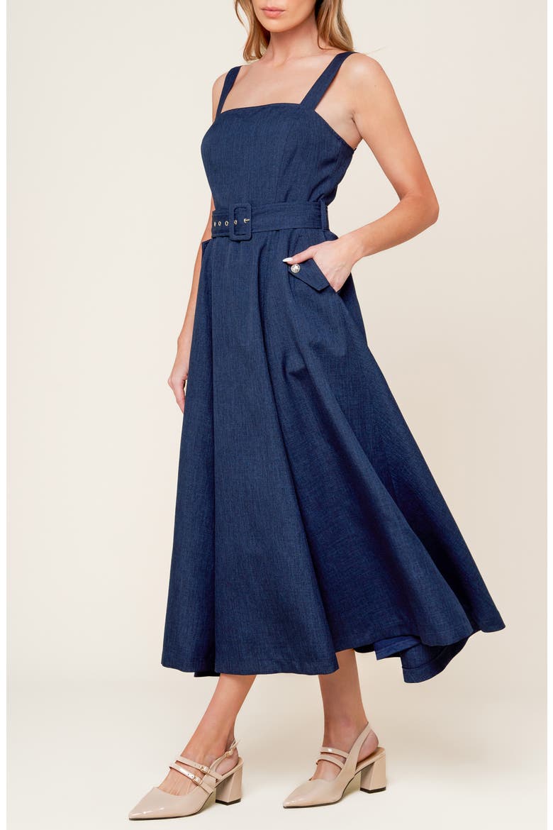 Square Neck Belted Fit & Flare Midi Dress, Alternate, color, NAVY