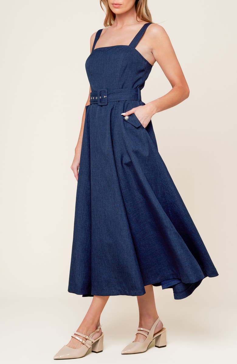 FLYING TOMATO Square Neck Belted Fit & Flare Midi Dress, Alternate, color, Navy