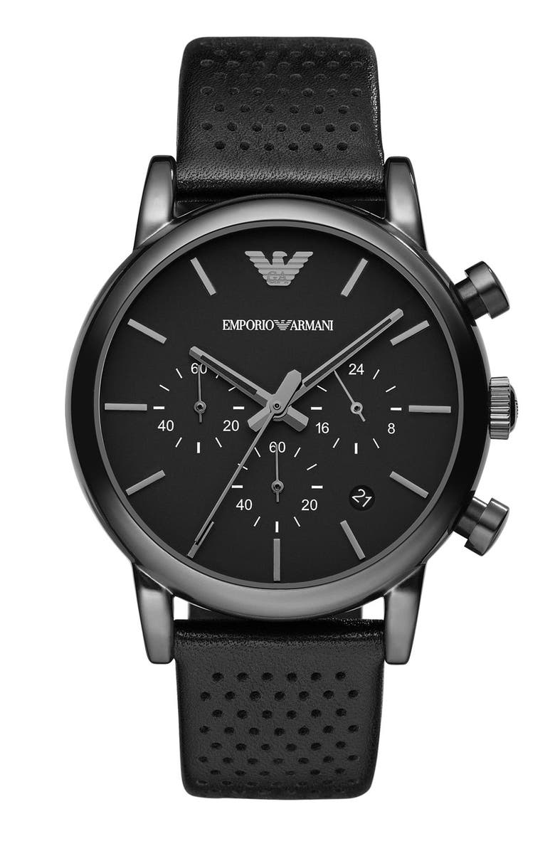 Emporio Armani Perforated Leather Strap Watch, 41mm, Main, color, 