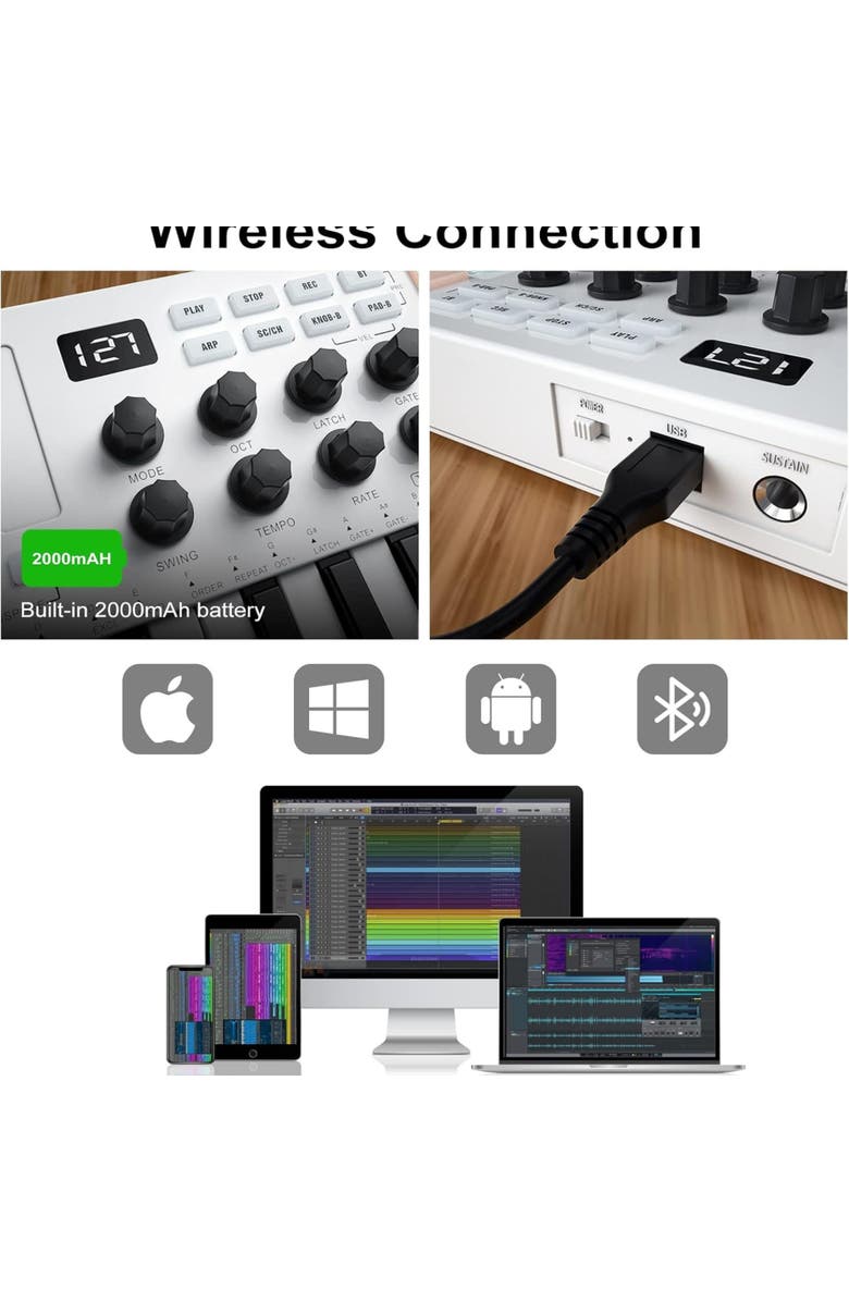 M-Wave 25-Key Bluetooth MIDI Keyboard- Black, Alternate, color, White