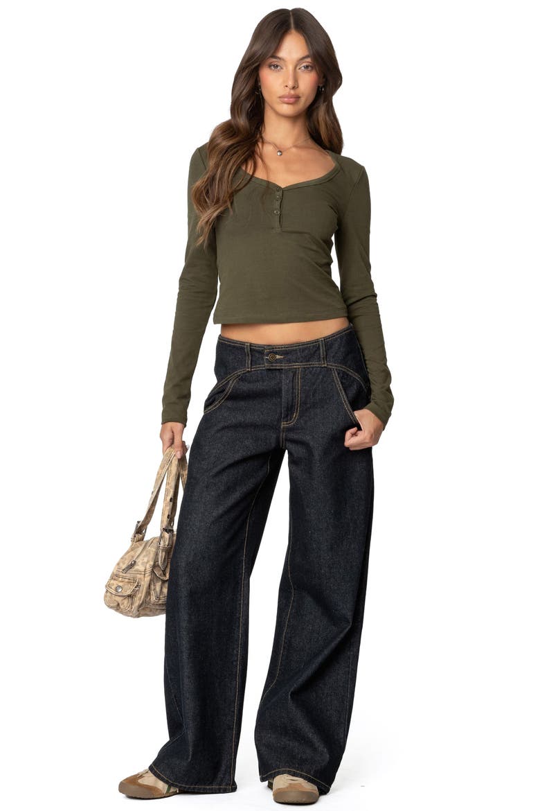 Leah V-Neck Crop Henley Top, Alternate, color, OLIVE