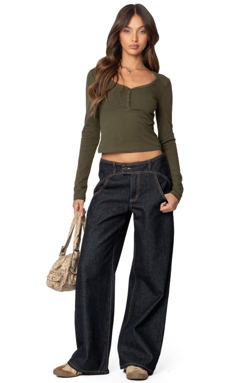 Edikted Leah V-neck Crop Henley Top In Olive