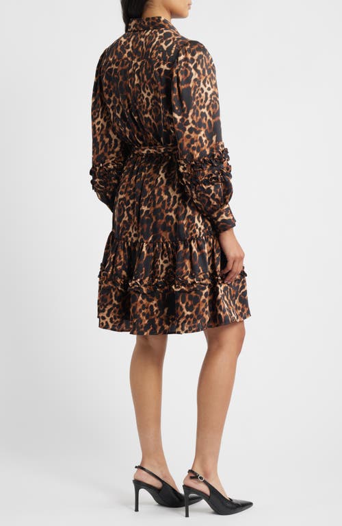 Anne Klein Leopard Tie Waist Long Sleeve Shirtdress In Multi