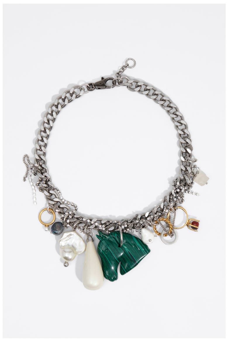 Charm Necklace with Rings, Pearls and Horse, Main, color, DARK SILVER