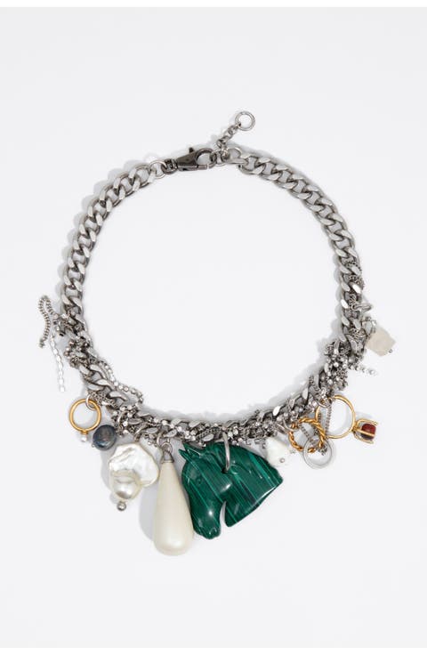 Charm Necklace with Rings, Pearls and Horse