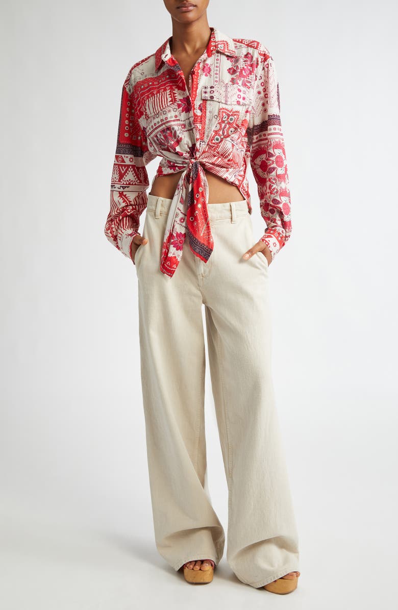 Isabel Marant Étoile Nathy Bandana Print Cotton Tie Front Button-Up Shirt, Alternate, color, Red/ Ecru