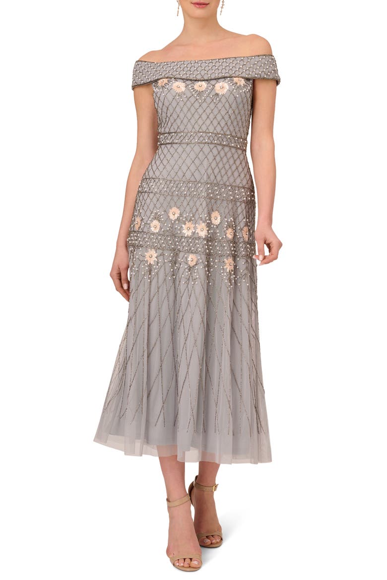 Beaded Off the Shoulder Cocktail Dress, Main, color, SILVER MIST