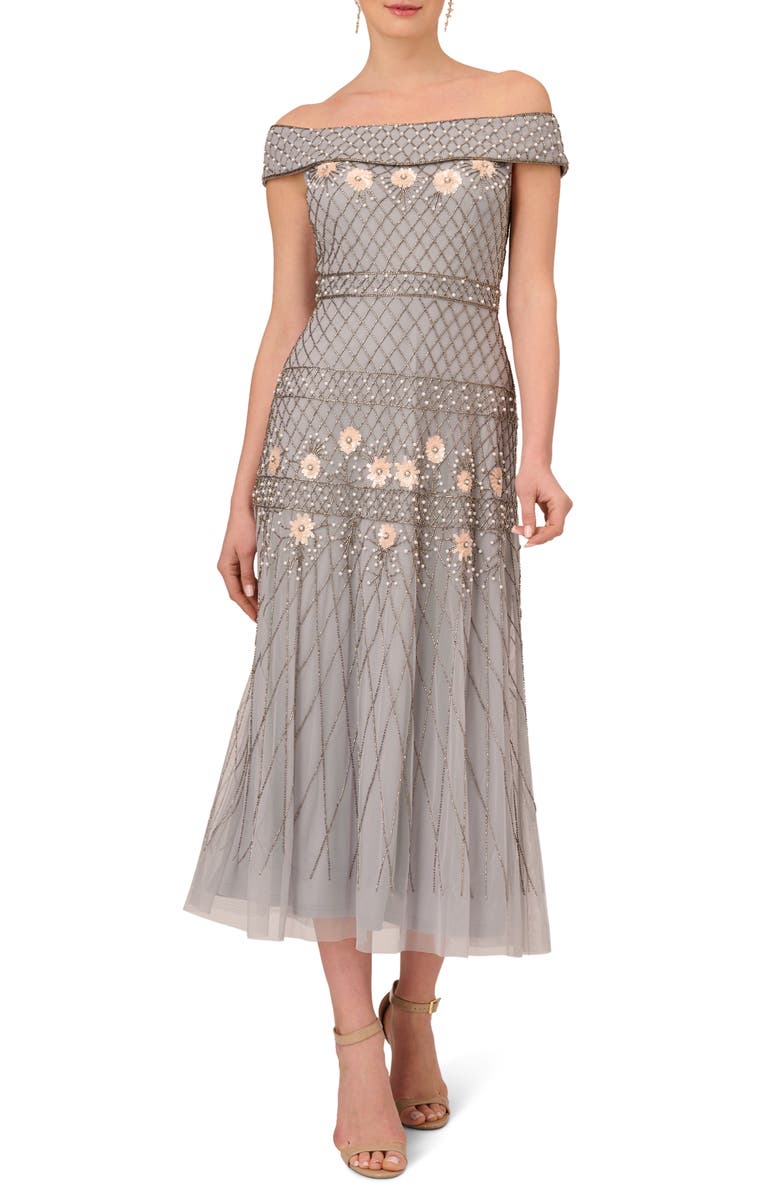 Adrianna Papell Beaded Off the Shoulder Cocktail Dress, Main, color, 