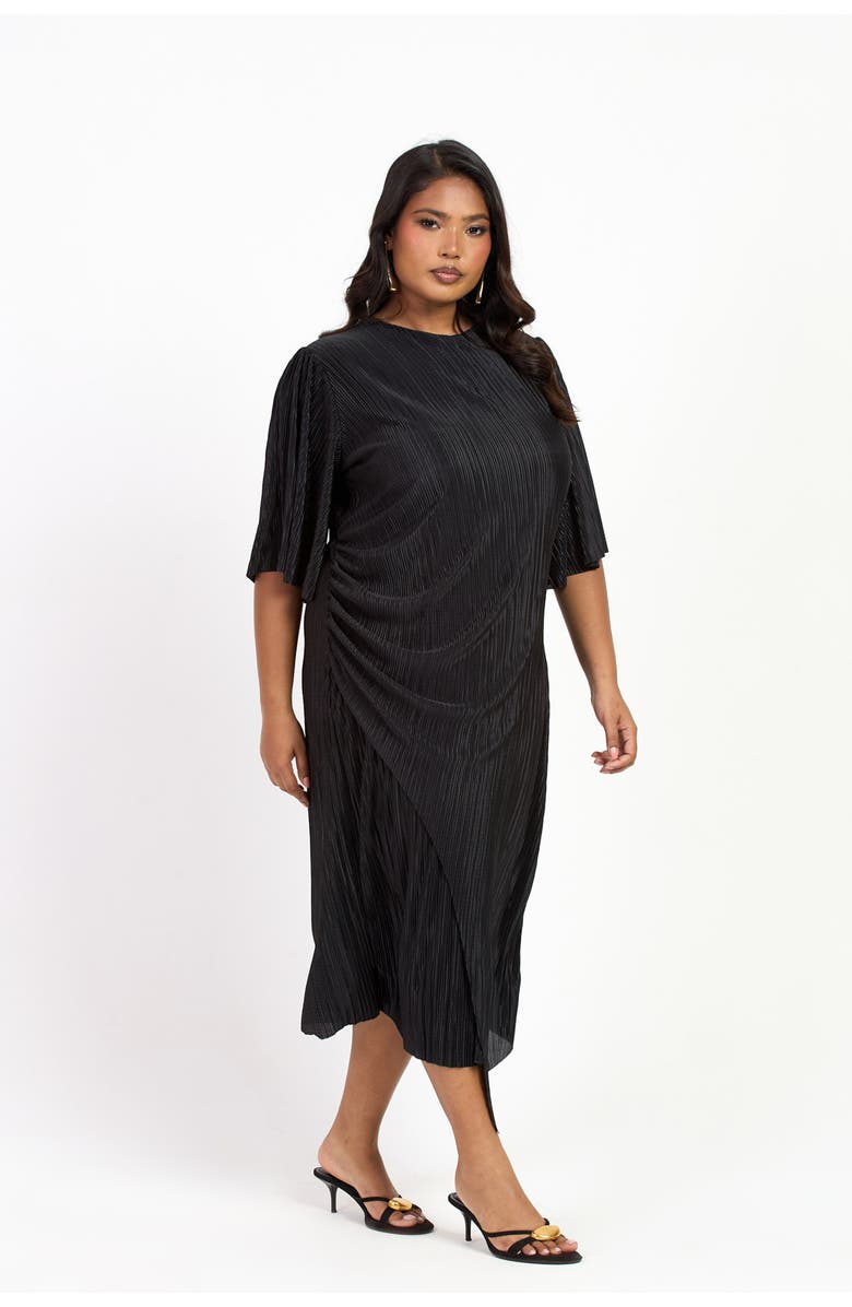 FASHION-SZN CURVE Ruched Side Flutter Sleeve Midi Dress, Alternate, color, Black
