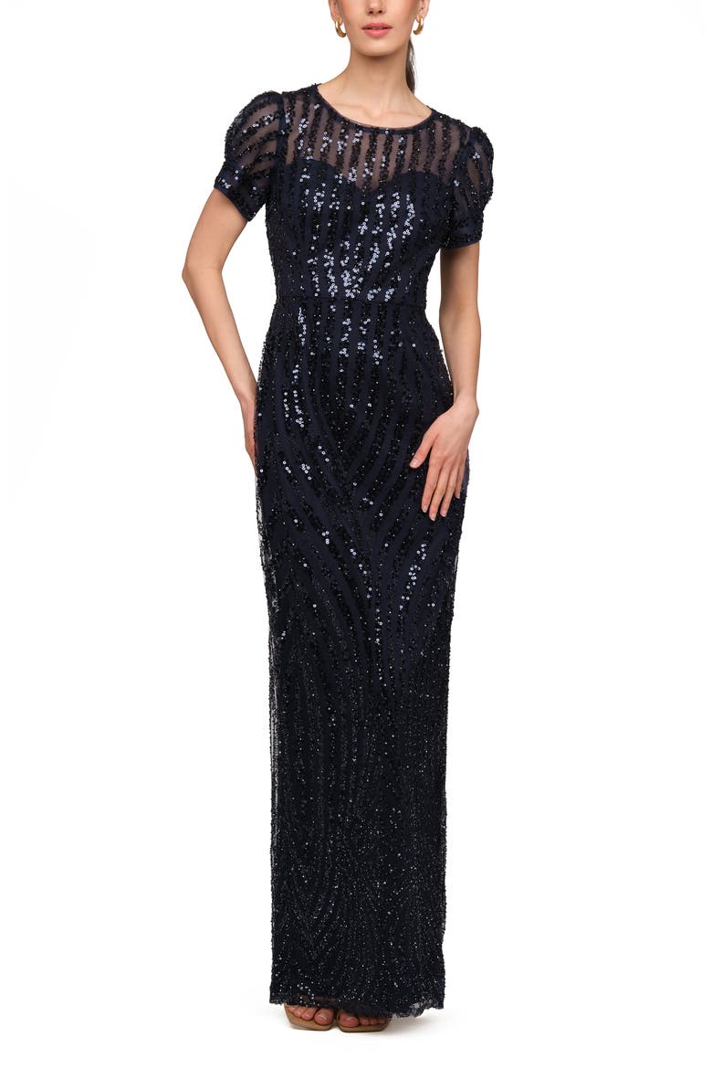 Ivetta Sequin Stripe Illusion Neck Column Gown, Alternate, color, NAVY