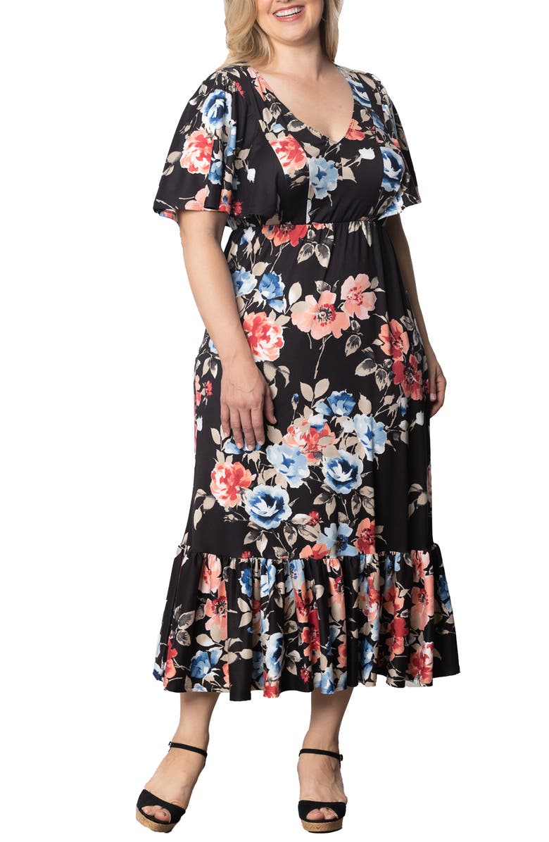 Kiyonna Madrid Floral Flutter Sleeve Maxi Dress, Main, color,