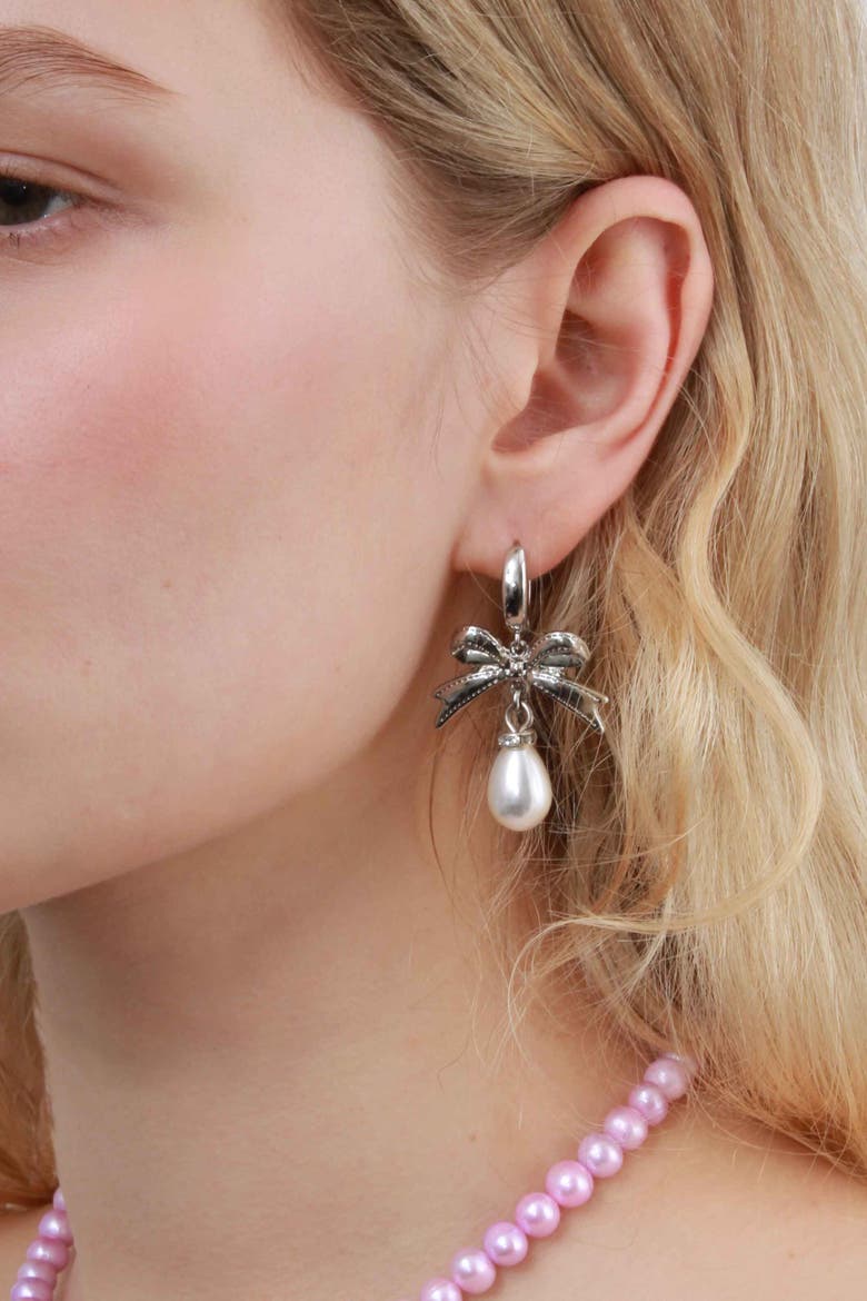 Bow Pearl Drop Huggie Earrings, Alternate, color, Silver