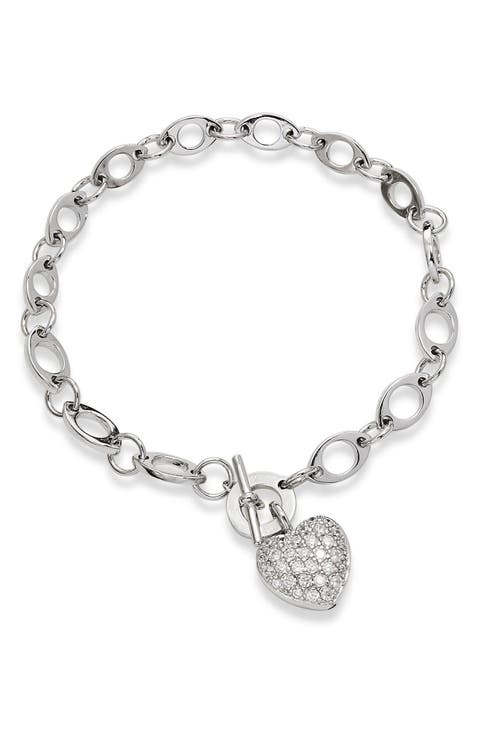 Sterilng Silver Pave CZ Heart Toggle Bracelet