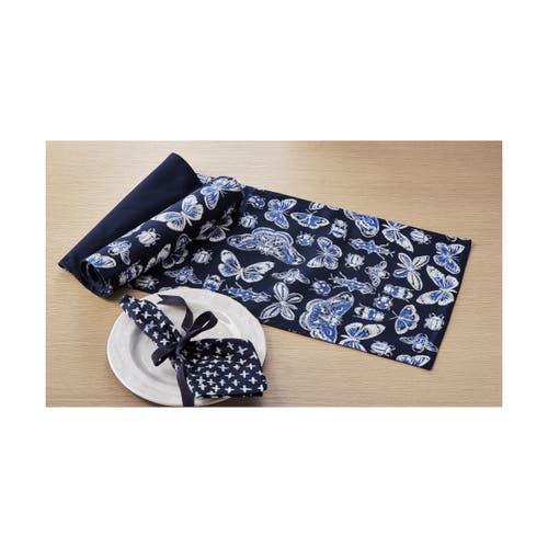 Tag Butterfly Blue Cotton Table Runner 72" X 14.5" In Blue