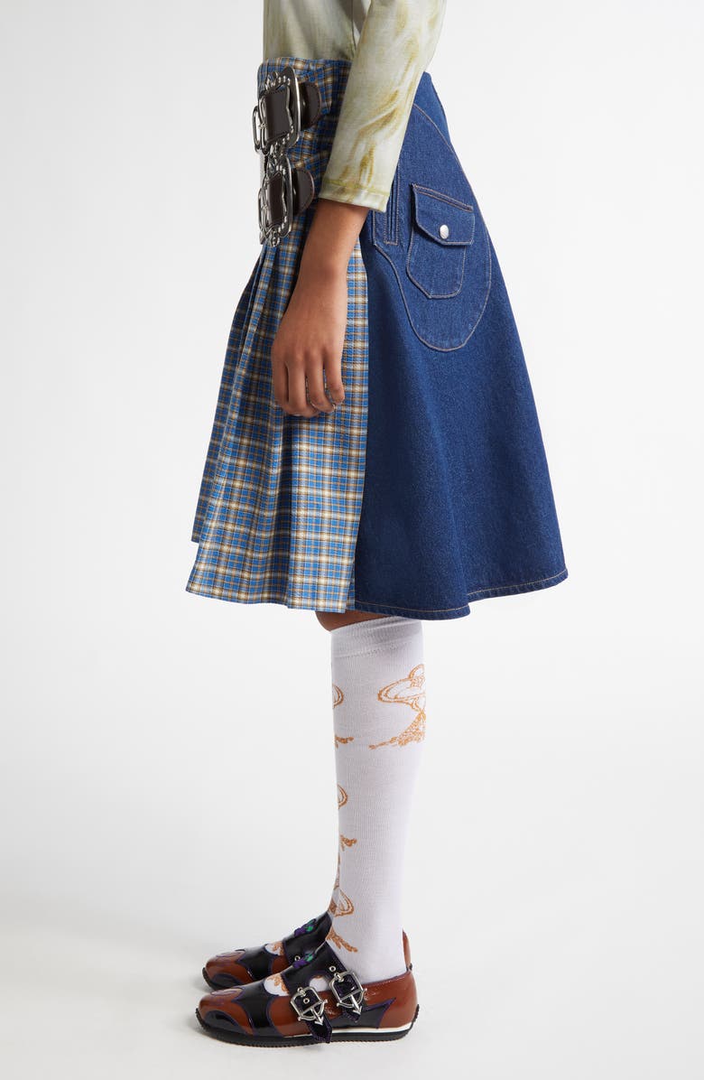 Chopova Lowena Marshal Plaid Belted Denim Skirt, Alternate, color,